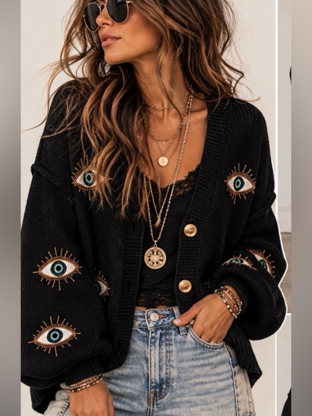 Black Eye-Embroidered Button Cardigan Sweater - Unbranded
